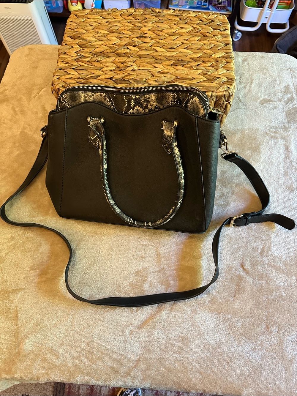 T.J.Maxx Black Tote with Snake-Print Trim